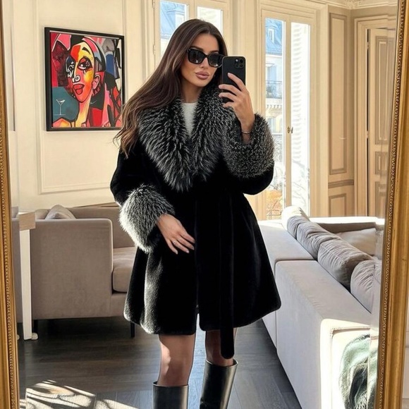 Vintage style faux fur coat luxury jacket oversized collar dyed tip gray black - Picture 4 of 8